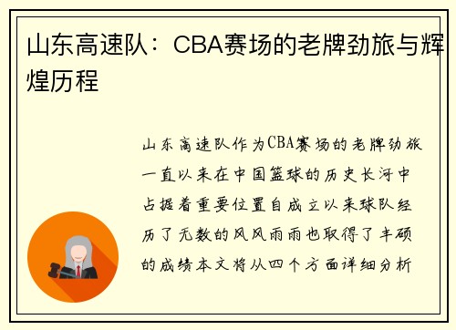 山东高速队：CBA赛场的老牌劲旅与辉煌历程