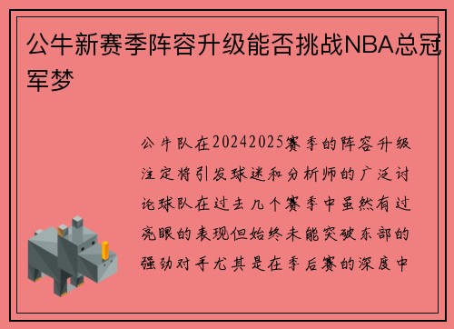 公牛新赛季阵容升级能否挑战NBA总冠军梦